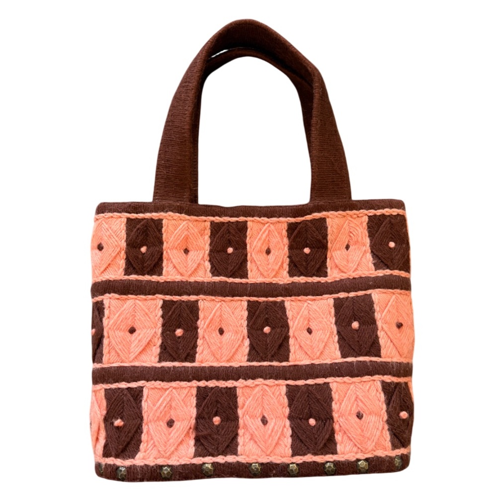 Vintage 70s Boho Handmade Peach & Brown Wooden Bottom Bag